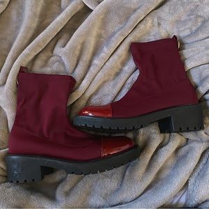 Boohoo Maroon, Burgundy, & Red Platform Sock Boots With Leather Toe | Size 7